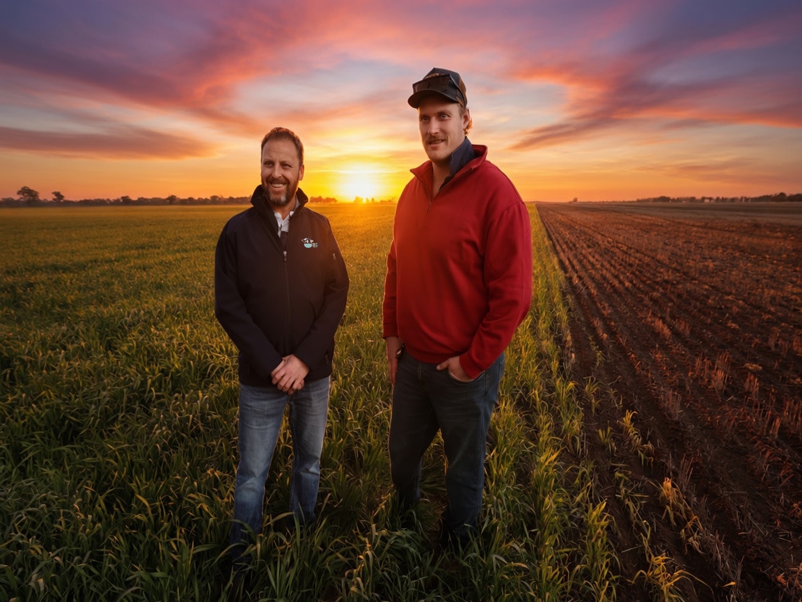 Two men standing in front of crops at sunset.