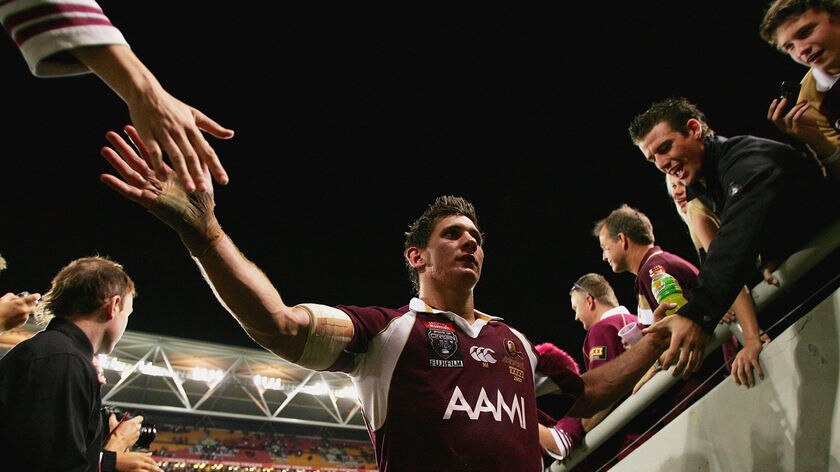 Jacob Lillyman of the Maroons is cheered off the ground after winning game 1 of the State of Origin