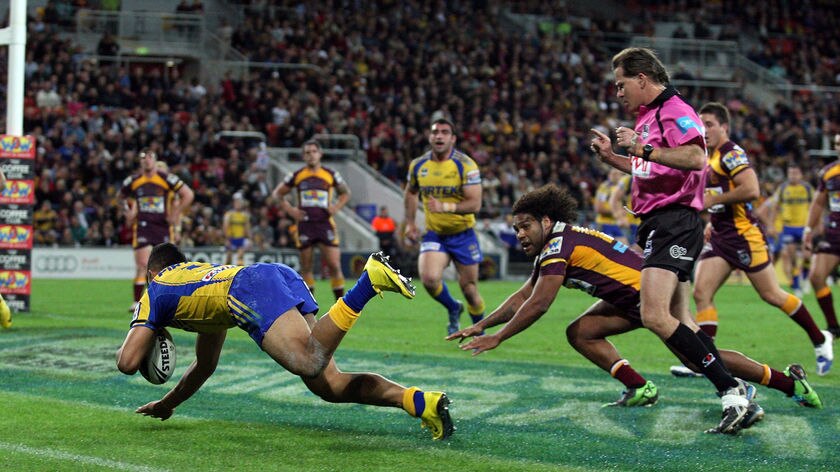 Staying alive...Krisnan Inu goes over to put Parramatta up by eight at half-time.