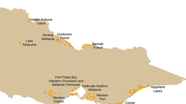 Map of 11 Ramsar listed sites across Victoria