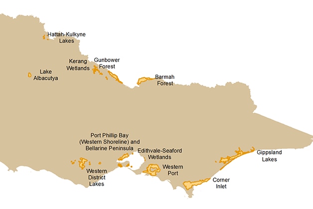 Map of 11 Ramsar listed sites across Victoria