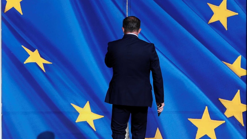 A man in a suit walks toward double doors emblazoned with the EU flag.