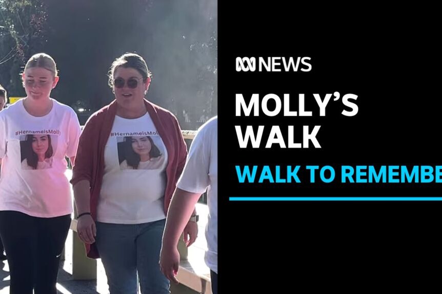 Molly's Walk, Walk to Remember: People walk in a line with matching t-shirts showing a woman's face.