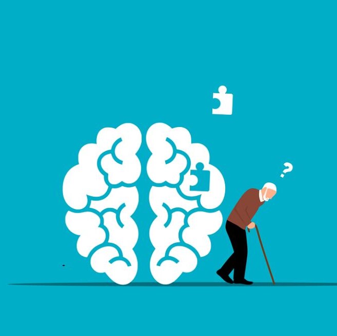 Cartoon of blue background with white brain, with a puzzle piece falling out of it, and senior man standing next to it.