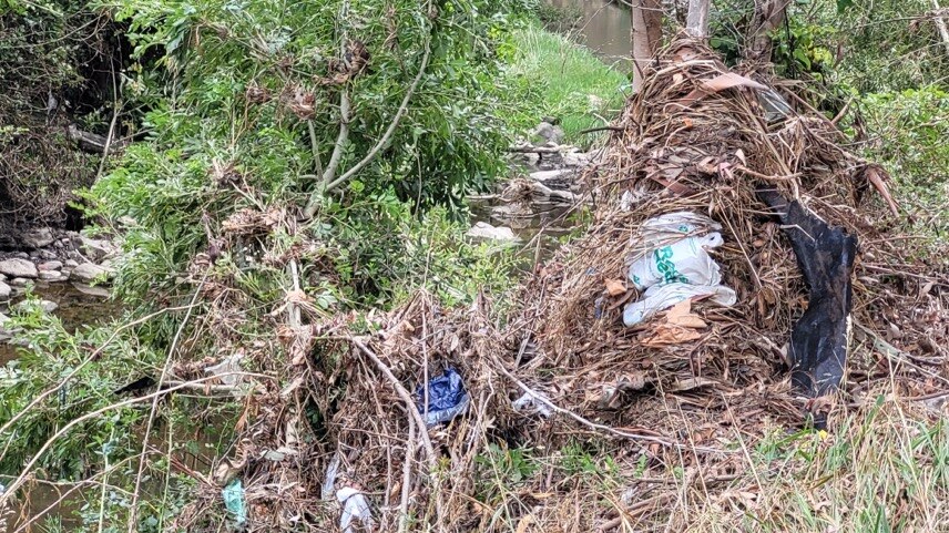 A riverbank strewn with debris and rubbish