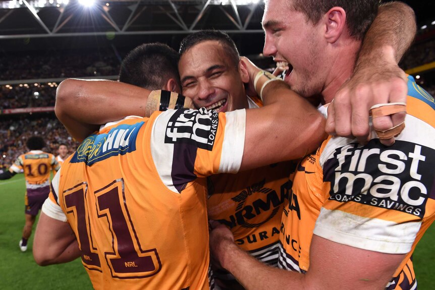 Justin Hodges celebrates preliminary final win over Roosters