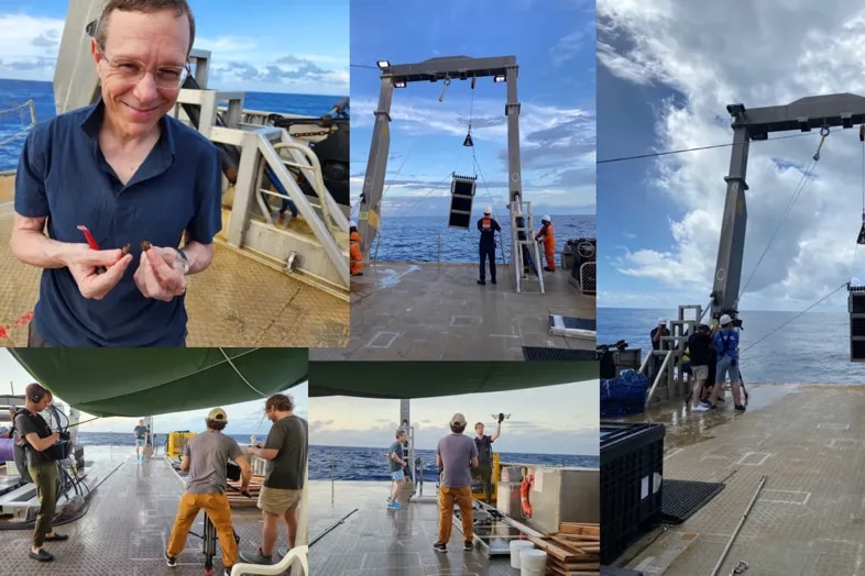 A collage of men on the deck of a ship using a machine to winch an object from the ocean