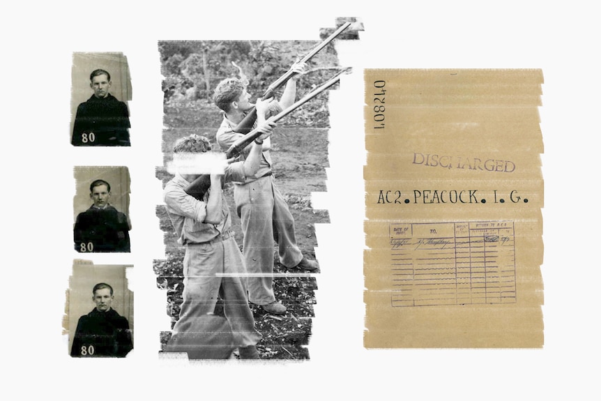 Three photos of a young Ian Peacock, an image of a man in military uniform shooting a rifle, and a folder with his name.