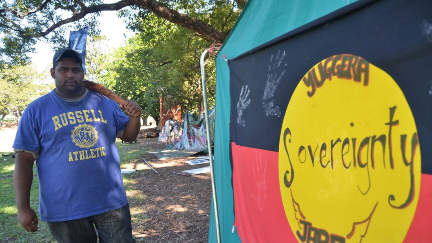 Bogaine Spearim at the Aboriginal tent embassy in Musgrave Park