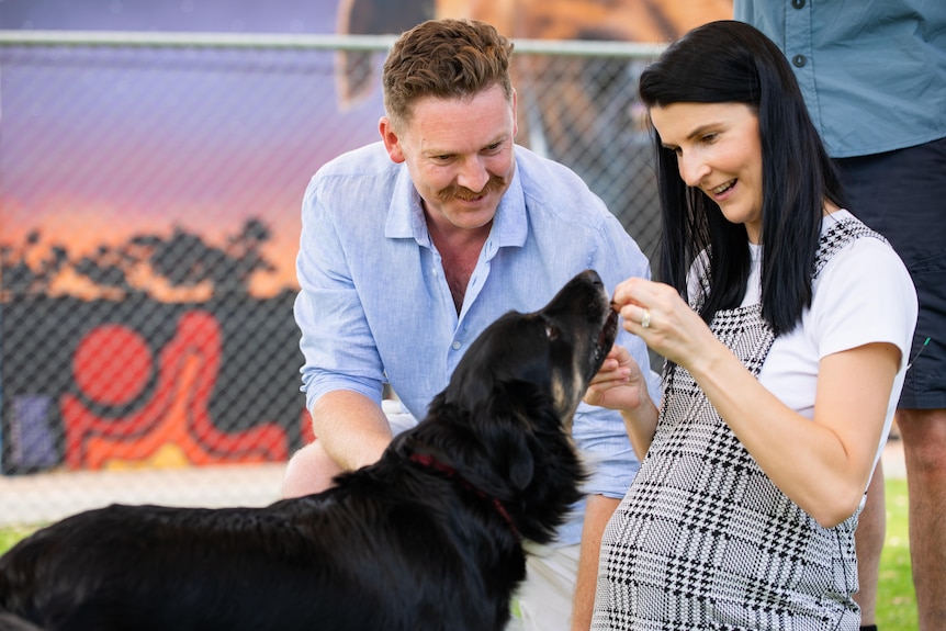 A man and a woman lean down near a black dog, with the woman smiling and feeding the dog something.