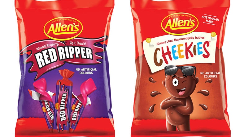 Two packets of lollies, one labelled Red Ripper and the other Cheekies