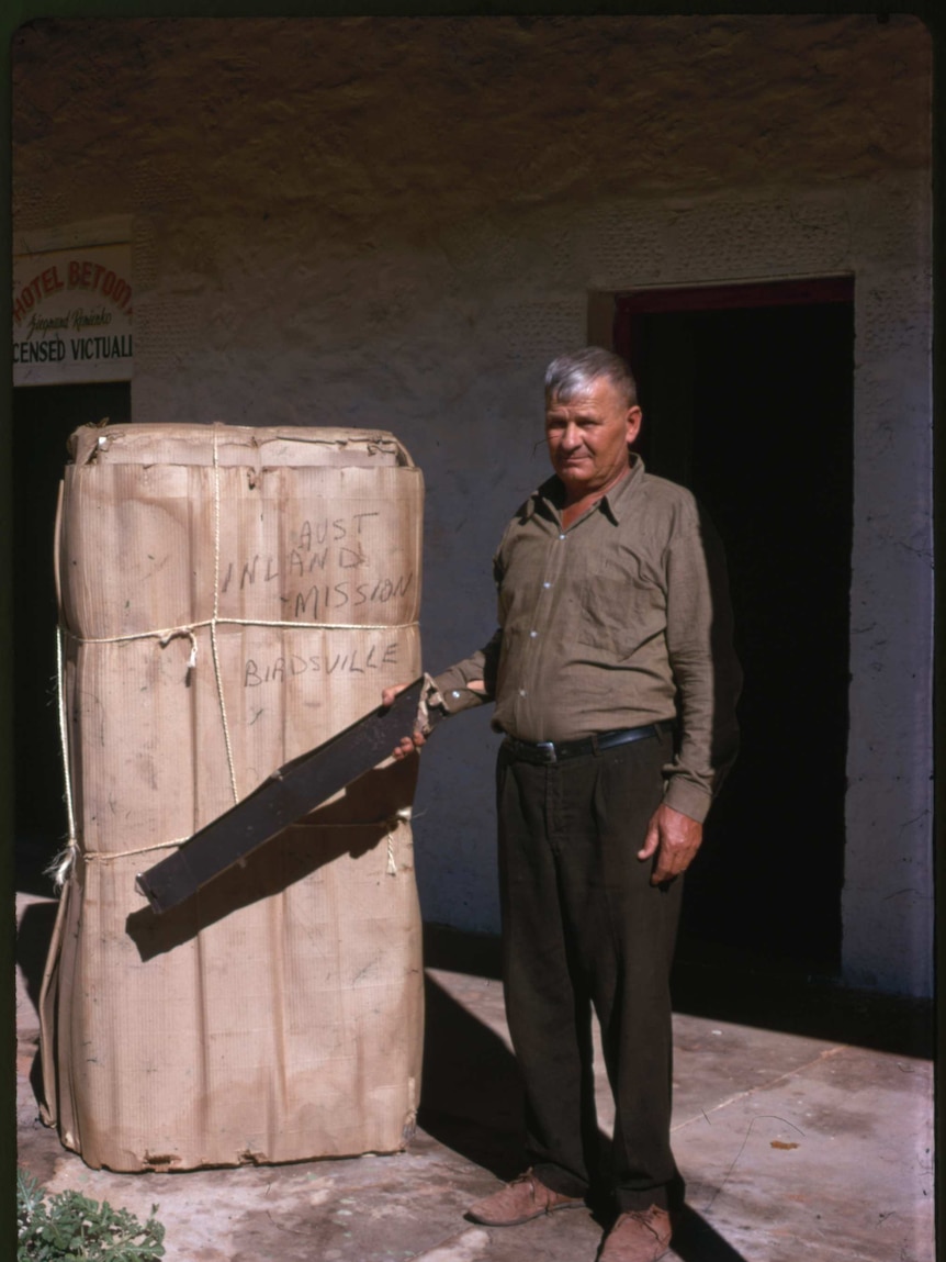 Publican Simon Remienko standing outside the Hotel Betoota, Betoota, Queensland, 1974.