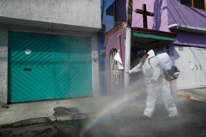 A public safety worker sprays a disinfectant solution in the streets of Mexico City.