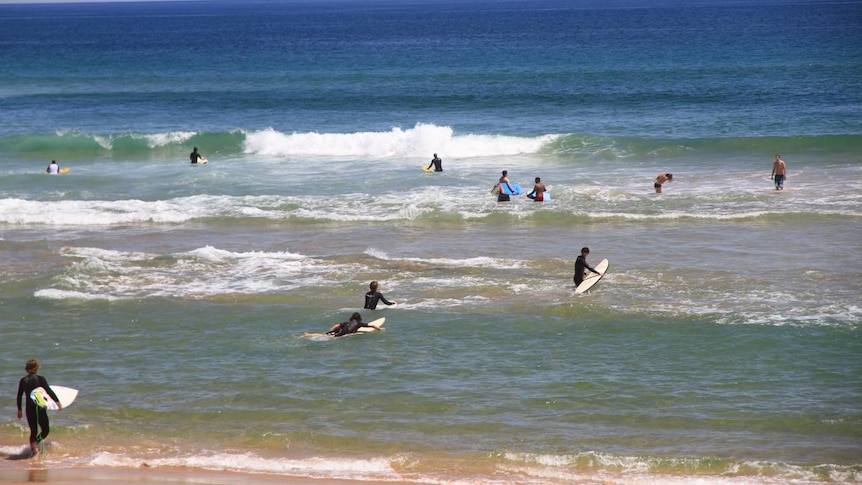 Surfers and swimmers in the water at a beach on Victoria's Mornington Peninsula.