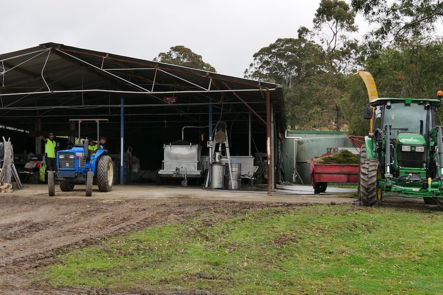 A large shed with a big, steel steaming device and barrels under it. 