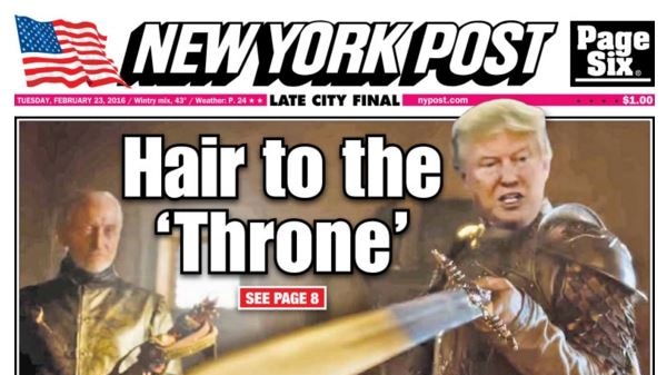 Front page of New York Post showing Game of Thrones parody