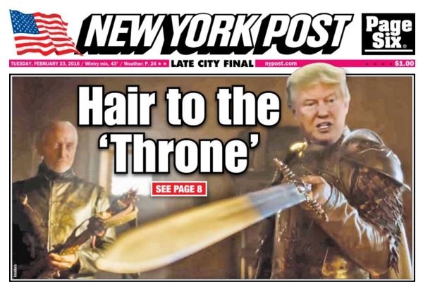 New York Post front page featuring still frame from Parkinson's video featuring Trump in Game of Thrones.