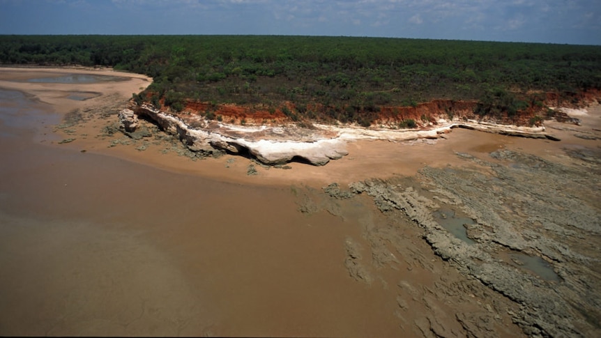 An aerial photograph of remote, ochre-coloured rocky coastline.