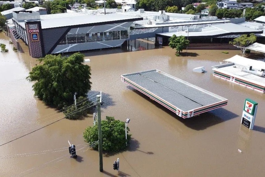 Floodwaters rise to the roof of a Coles supermarket