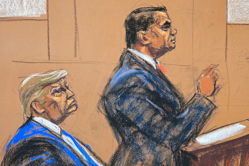 Court sketch of Trump watching his attorney Todd Blanche in court