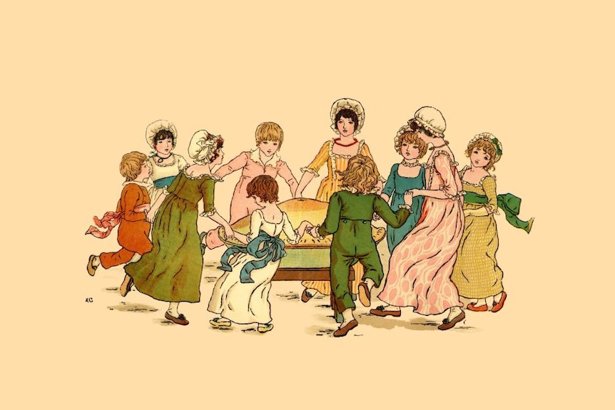 An old illustration of a  group of children holding hands in a circle.