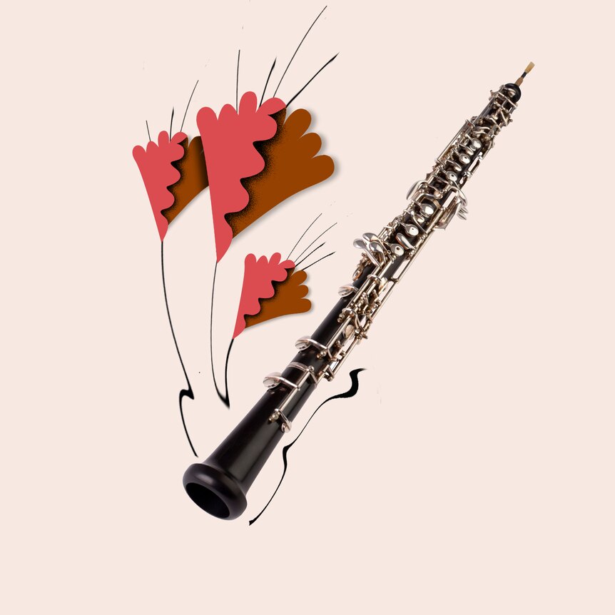 A wooden oboe with silver keys on a beige background with orange flourishes suggesting sound.