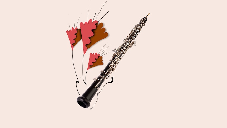 A wooden oboe with silver keys on a beige background with orange flourishes suggesting sound.