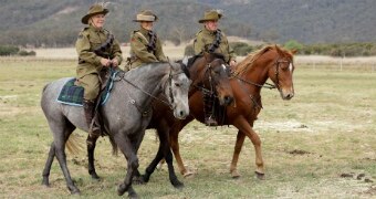 Three people in uniform ride three horses in the capertee valley