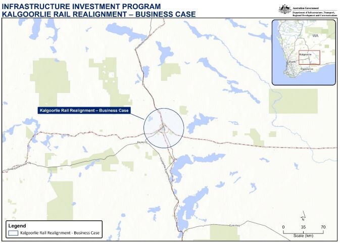 A map of a proposed railway realignment in Kalgoorlie-Boulder.