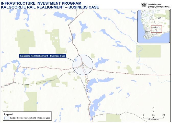 A map of a proposed railway realignment in Kalgoorlie-Boulder.