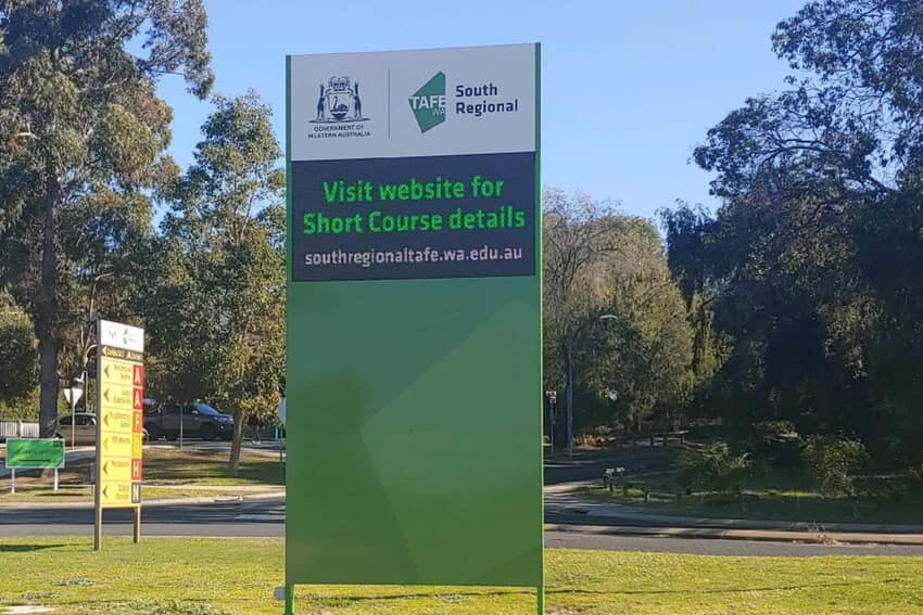 A picture of a South Regional TAFE sign advertising short courses.