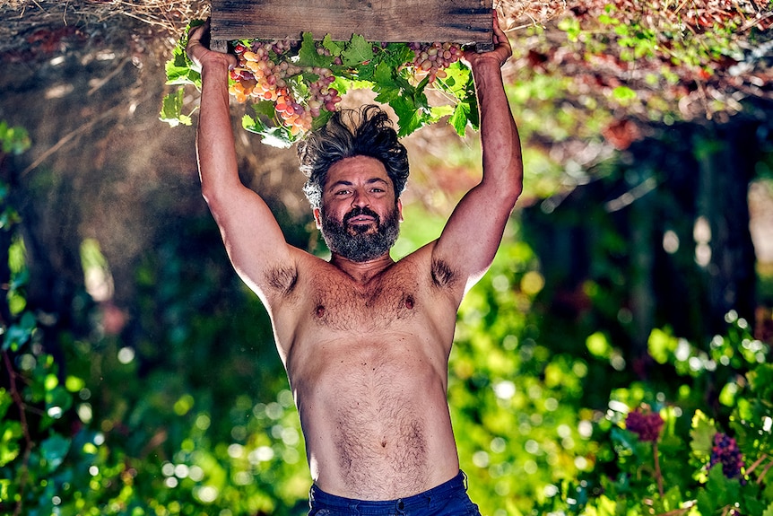 A Greek man does a handstand amid grapevines. 