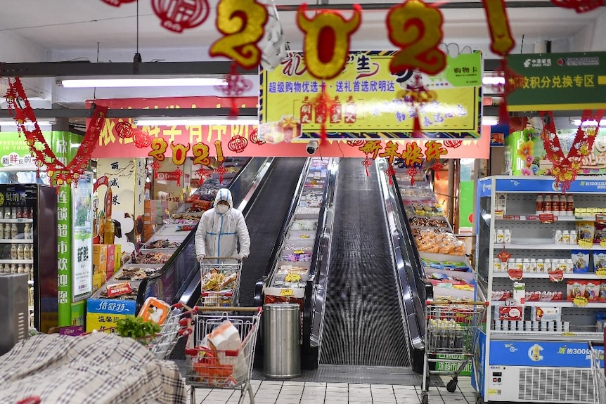 You view a lone person in full PPE, pushing a trolley in a supermarket littered with signs celebrating the Lunar New Year.