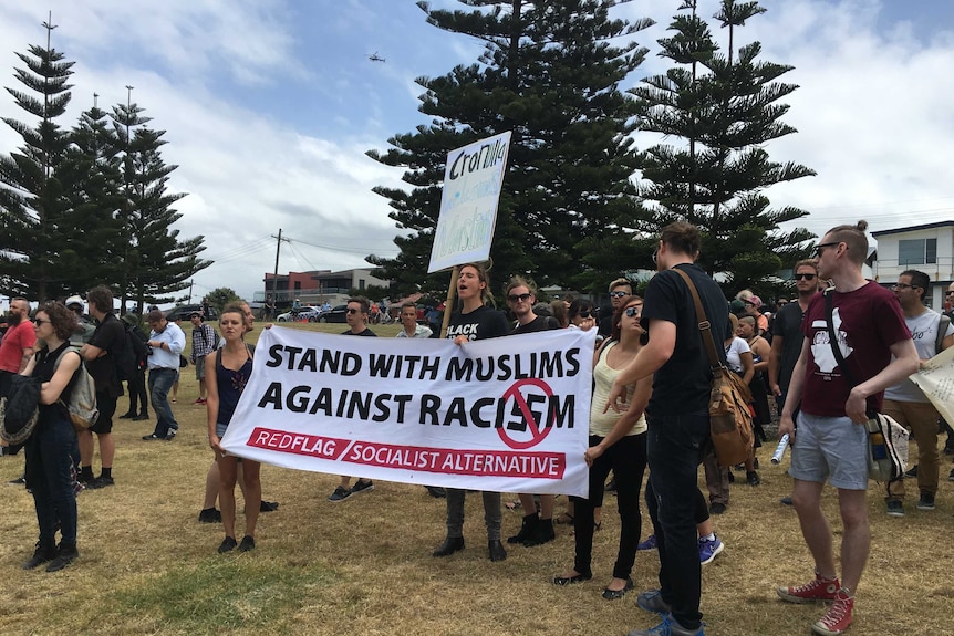 Counter-protesters at Cronulla Beach