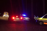 Police cars and an ambulance on the side of a country road at night
