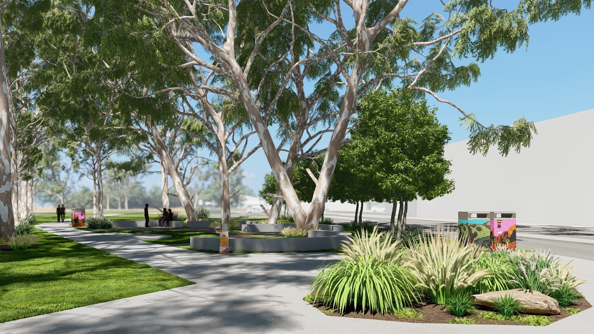 Uma imagem gerada por computador mostrando passarelas de concreto com grama verde, enormes árvores frondosas e um jardim circular.