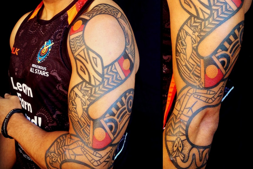 Indigenous themed tattoo on Indigenous man's arm