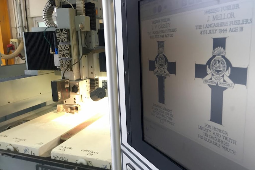 Engraving machines at the headstone factory in Beaurains, France.