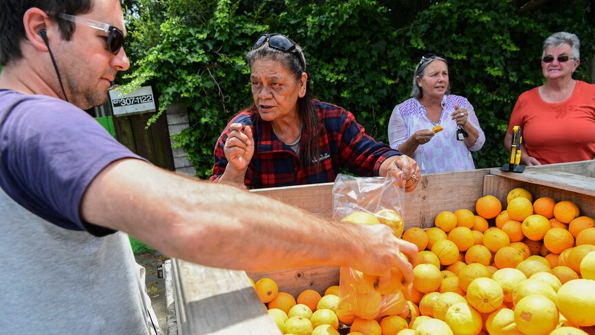 A woman speaking to a customer as he looks at the oranges in the back of her truck