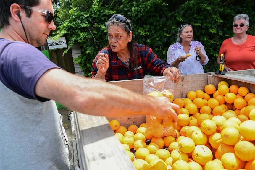 A woman speaking to a customer as he looks at the oranges in the back of her truck