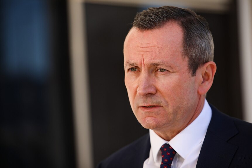 A tight head shot of WA Premier Mark McGowan speaking during a media conference outside parliament.