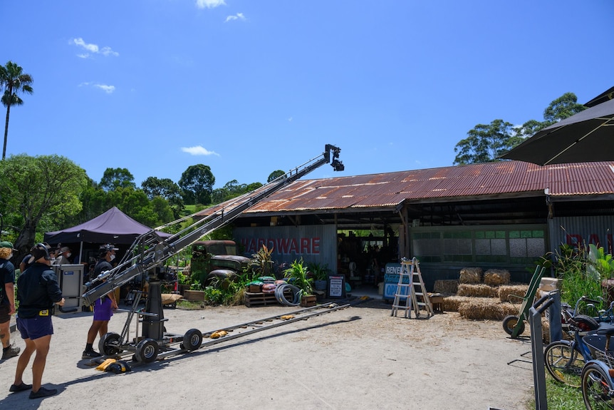 movie dolly on an old shack