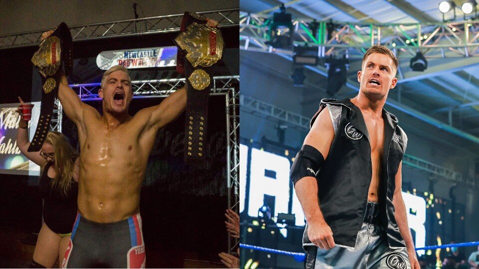 A man holds up two titles on a wrestling ramp on the left, and the same man on the right stands in a WWE ring.