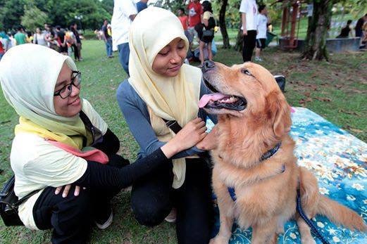 Two smiling Muslim women pat a dog.