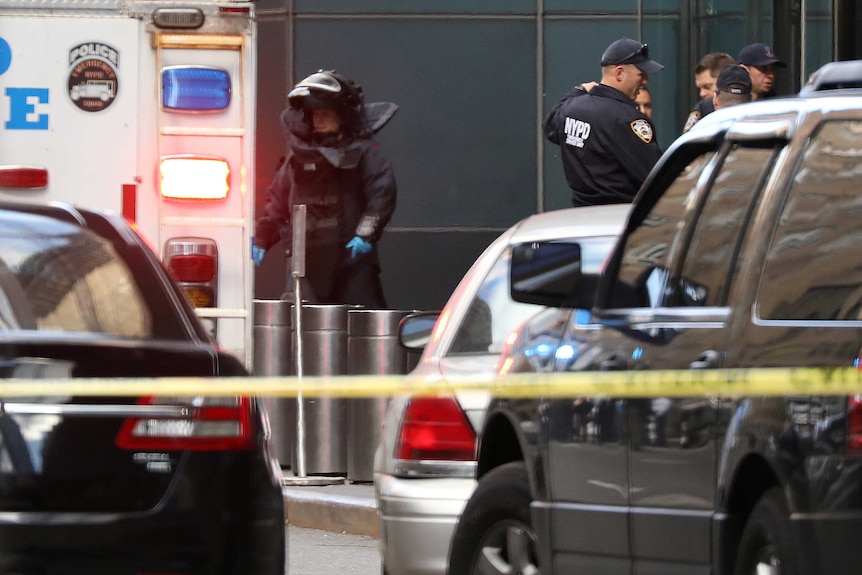 A man wearing a bomb proof clothing outside the Time Warner Centre