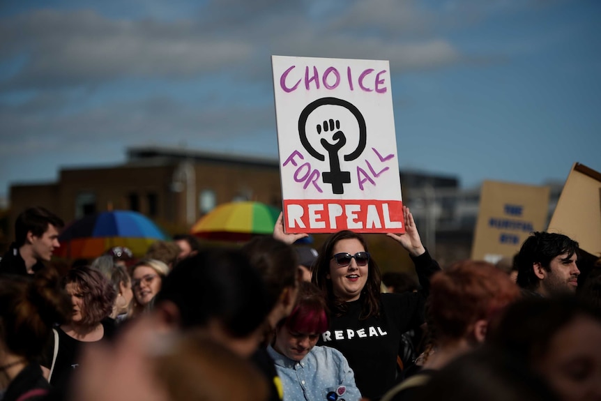 A demonstrator holds a poster calling for more liberal abortion laws.