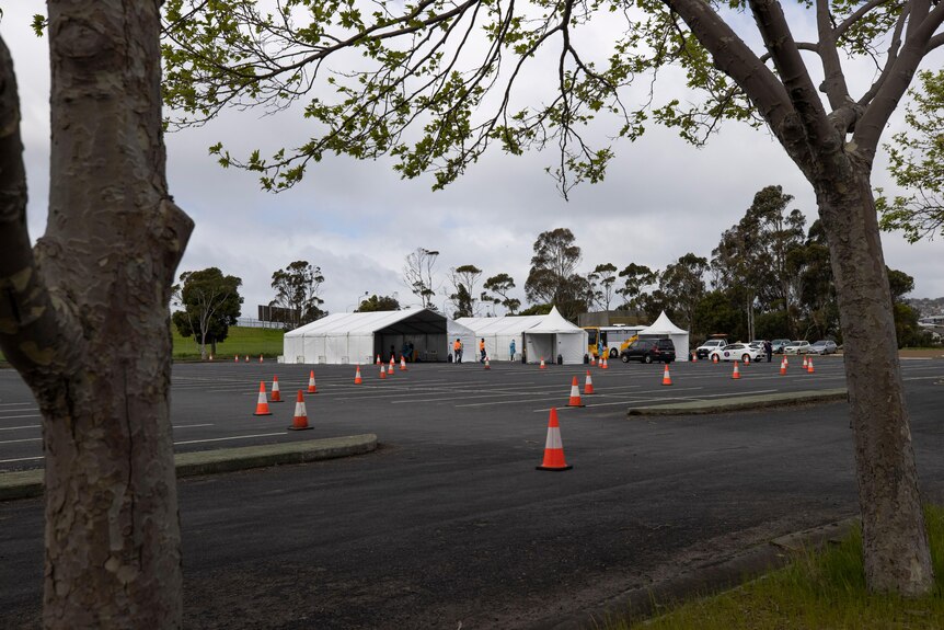 White tents in an empty carpark, with traffic cones in the foreground