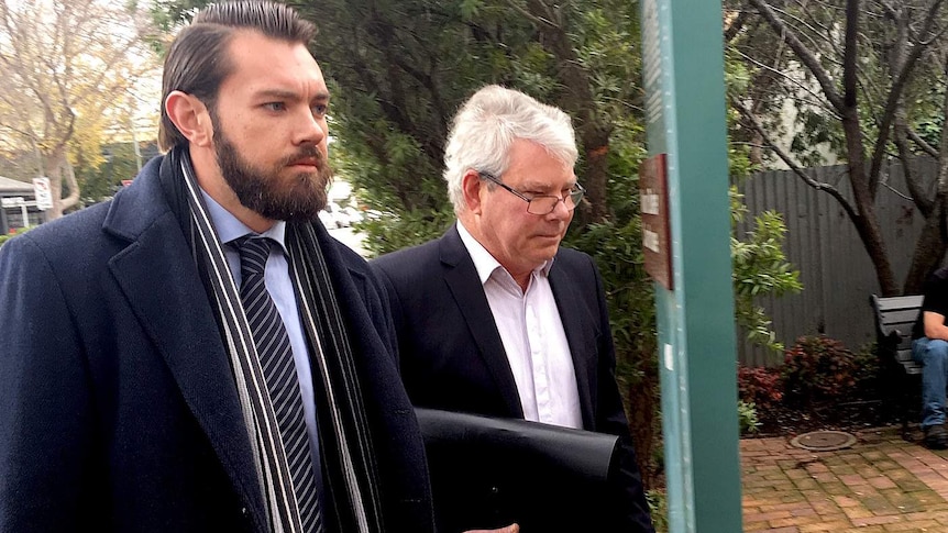 Lawyer Alex Scott with client Paul Bunney outside the Mount Barker Magistrates Court.