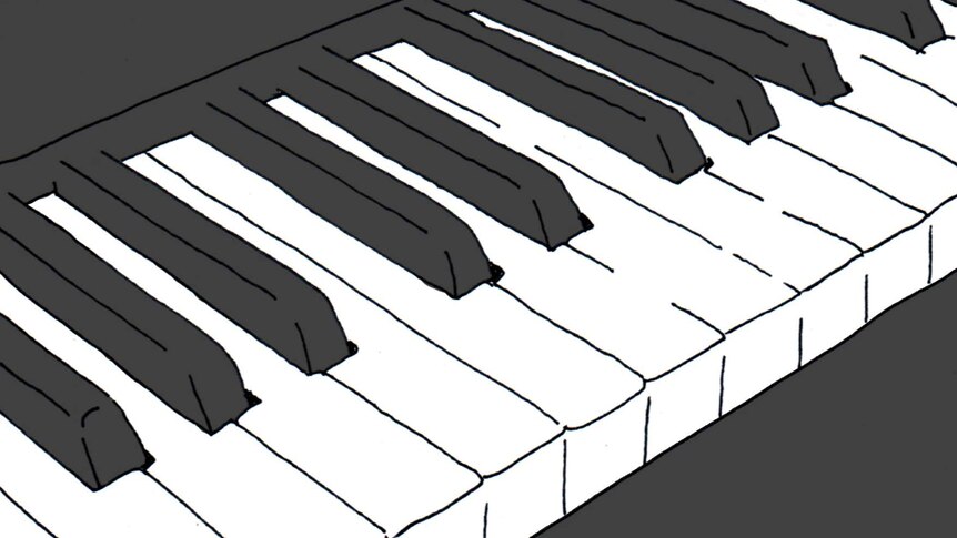 An illustration of a piano keyboard in black and white ink.
