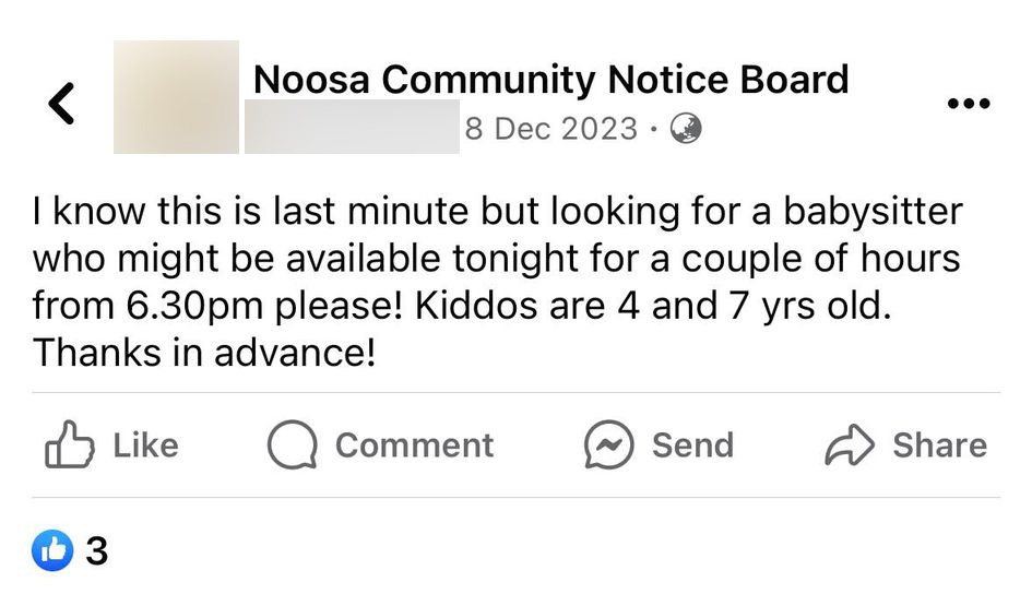 A post in the Noosa Community Noticeboard saying "I know this is last minute but looking for a babysitter".